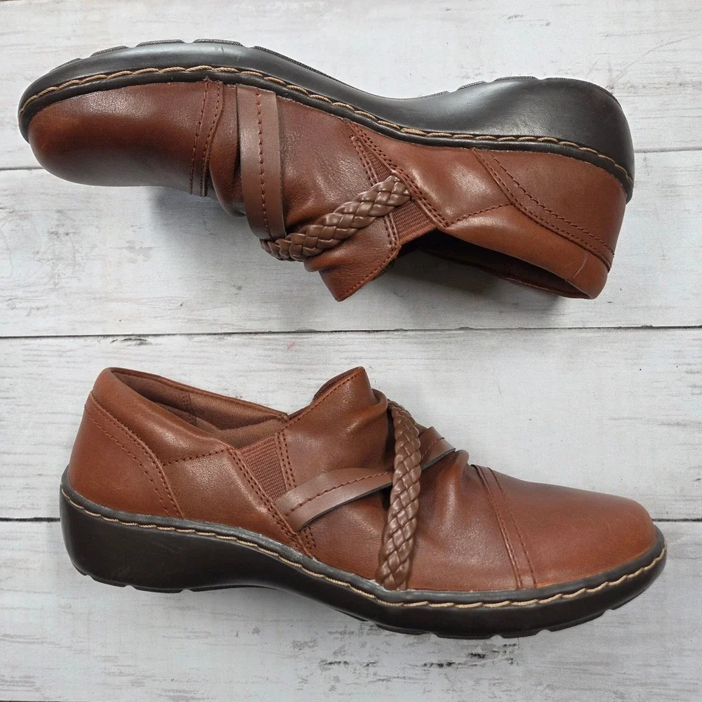 Clarks Collection Ultimate Comfort Loafers Women 7M Brown Leather Braided Ruched